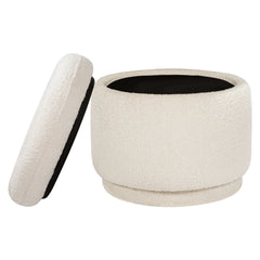 Storage Ottoman, Round Boucle with Solid Wood Frame, White