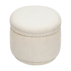 Storage Ottoman, Round Boucle with Solid Wood Frame, White