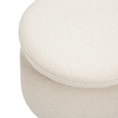 Storage Ottoman, Round Boucle with Solid Wood Frame, White