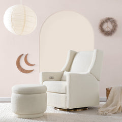 Storage Ottoman, Round Boucle with Solid Wood Frame, White