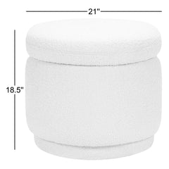 Storage Ottoman, Round Boucle with Solid Wood Frame, White
