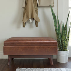 Storage Ottoman with Lift-Up Lid, Distressed Saddle Brown Faux Leather