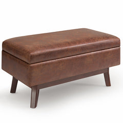 Storage Ottoman with Lift-Up Lid, Distressed Saddle Brown Faux Leather