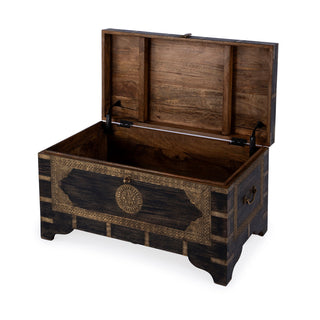 Storage Trunk Coffee Table in Brown and Gold Solid Wood with Brass Detailing