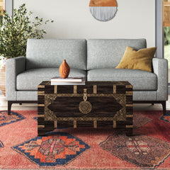 Storage Trunk Coffee Table in Brown and Gold Solid Wood with Brass Detailing