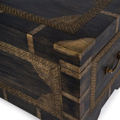 Storage Trunk Coffee Table in Brown and Gold Solid Wood with Brass Detailing