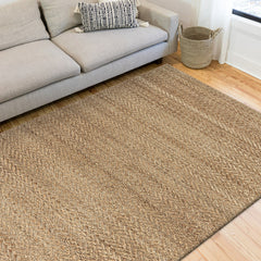 Striped Area Rug, 5 ft x 7 ft 9 in, Hand-Woven Jute in Tan and Beige