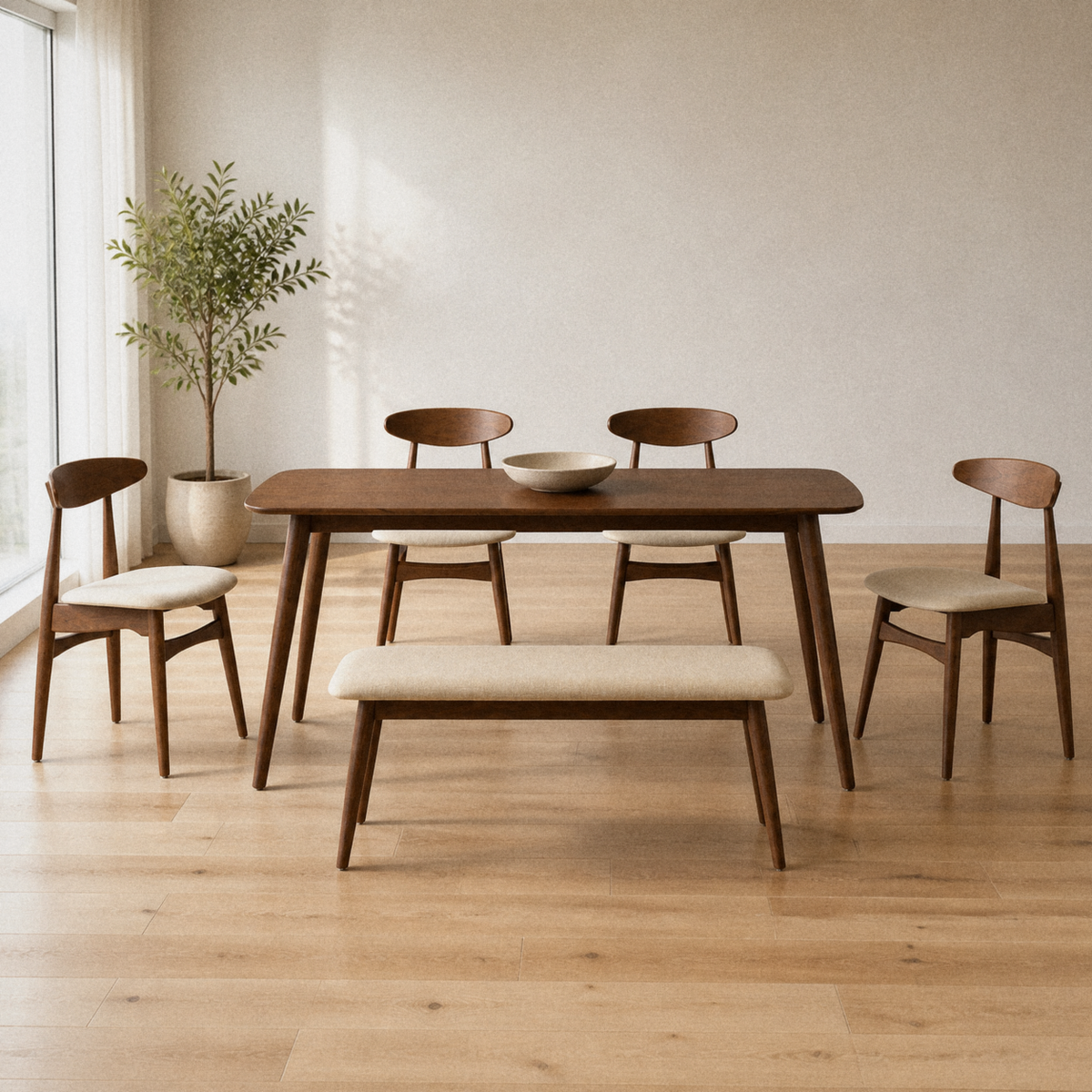 In a room | dark walnut Strombolicchio table, four chairs and a bench in a warm oak-tone dining room, window light at left