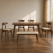Room | the complete 6-piece walnut dining set in a warm plaster-tone dining room, afternoon light