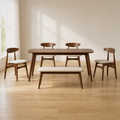 Room | the complete 6-piece walnut dining set in a warm flax-tone dining room, midday light
