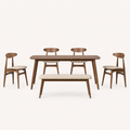 Front | all six pieces of the Strombolicchio dining set, dark walnut table, four beige-seat chairs and matching bench, centered on paper