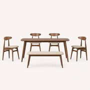 Front | all six pieces of the Strombolicchio dining set, dark walnut table, four beige-seat chairs and matching bench, centered on paper