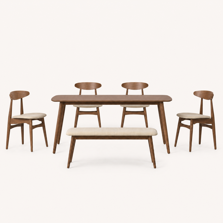 Front | all six pieces of the Strombolicchio dining set, dark walnut table, four beige-seat chairs and matching bench, centered on paper