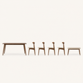 Side | true profile of the table's tapered legs, one chair and the bench