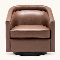 Walnut faux leather barrel chair, front view