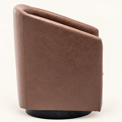 Walnut faux leather barrel chair, side view