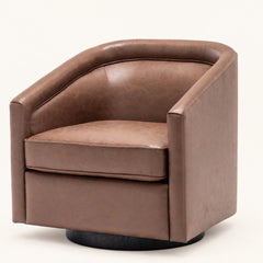 Walnut faux leather barrel chair, three-quarter view