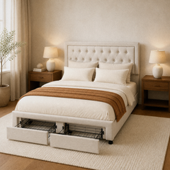 Room 1 angle | Three-quarter bedroom view showing the tufted panel, upholstered rails, and two drawers