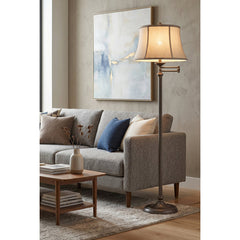 Swing Arm Floor Lamp, Gray Drum Shade with Bronze Base