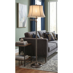 Swing Arm Floor Lamp, Gray Drum Shade with Bronze Base