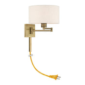 Swing Arm Wall Lamp, Antique Brass Finish with Oatmeal Linen Blend Shade