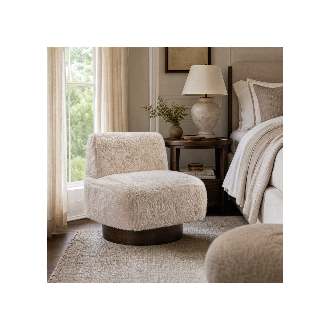 Swivel Accent Chair, Beige Faux Fur with Dark Brown Wood Base