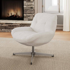Swivel Accent Chair in White Chenille with Metal Frame
