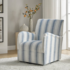 Swivel Armchair, Blue Striped Fabric with Black Metal Legs