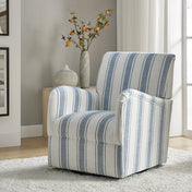 Swivel Armchair, Blue Striped Fabric with Black Metal Legs