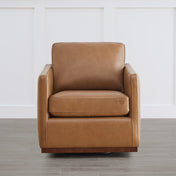 Swivel Armchair in Brown Genuine Leather with Brown Wood Legs