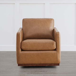 Swivel Armchair in Brown Genuine Leather with Brown Wood Legs