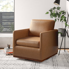 Swivel Armchair in Brown Genuine Leather with Brown Wood Legs