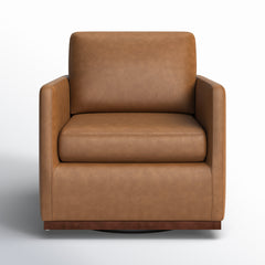 Swivel Armchair in Brown Genuine Leather with Brown Wood Legs