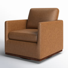 Swivel Armchair in Brown Genuine Leather with Brown Wood Legs