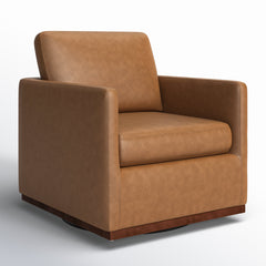 Swivel Armchair in Brown Genuine Leather with Brown Wood Legs