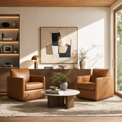 Swivel Armchair in Brown Genuine Leather with Brown Wood Legs