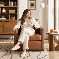 Swivel Armchair in Brown Genuine Leather with Brown Wood Legs