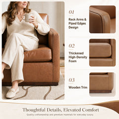 Swivel Armchair in Brown Genuine Leather with Brown Wood Legs