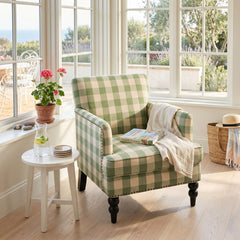 Swivel Armchair in Green Polyester with Birch Frame and Black Wood Legs