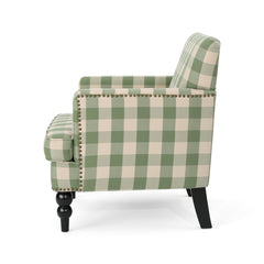 Swivel Armchair in Green Polyester with Birch Frame and Black Wood Legs