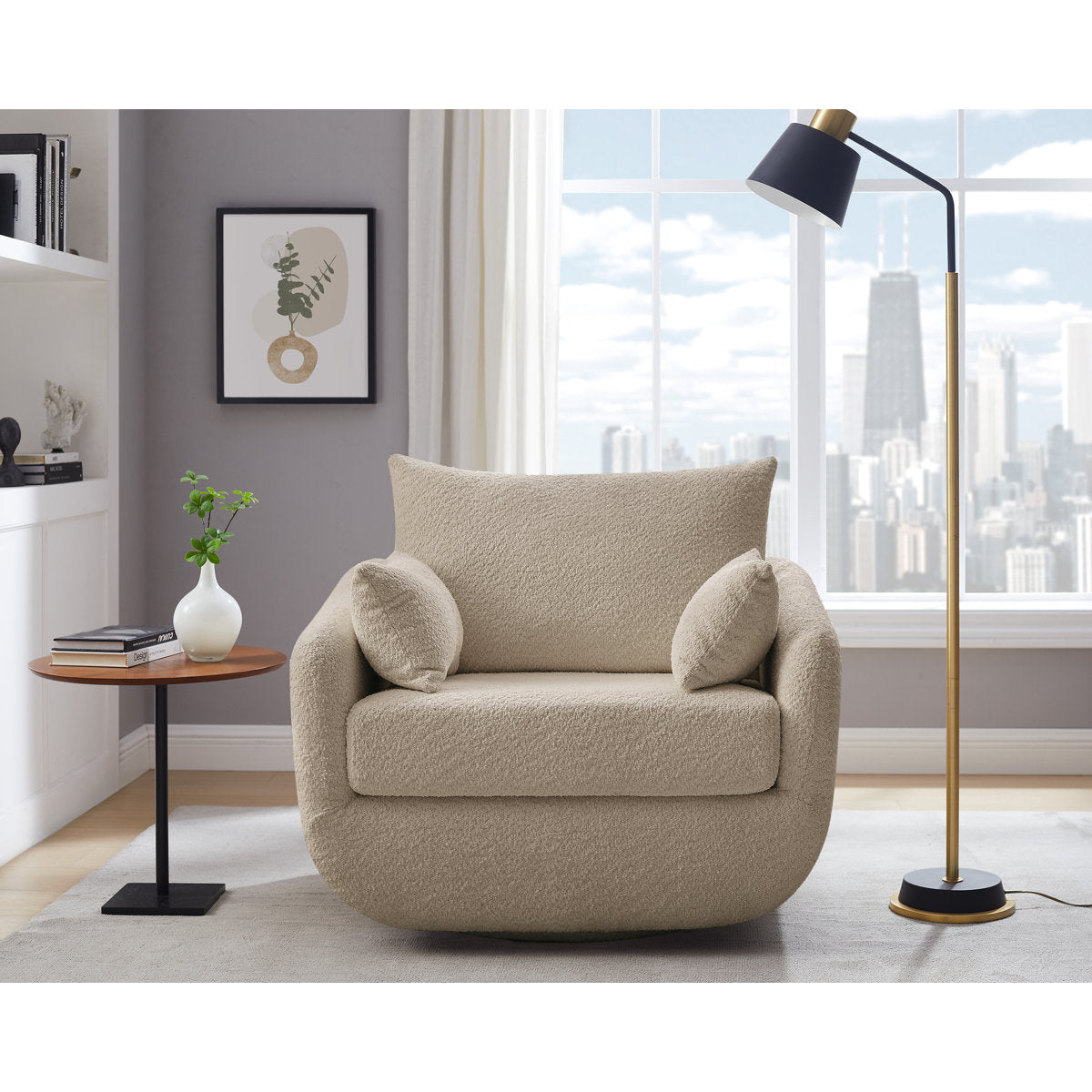 Swivel Armchair in Polyester Blend with Round Arms
