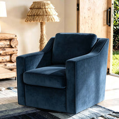 Swivel Armchair, Navy Chenille with Black Metal Legs