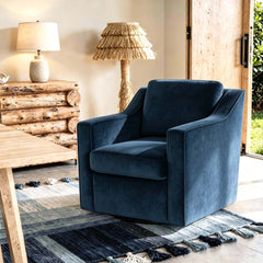 Swivel Armchair, Navy Chenille with Black Metal Legs