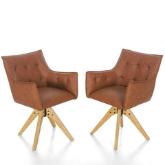 Swivel Armchairs, Set of 2, Brown Faux Leather with Oak Frame