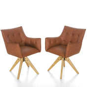 Swivel Armchairs, Set of 2, Brown Faux Leather with Oak Frame