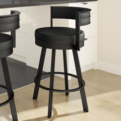 Swivel Bar Stool, 26 in Seat Height, Black Faux Leather with Black Steel Frame