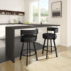 Swivel Bar Stool, 26 in Seat Height, Black Faux Leather with Black Steel Frame