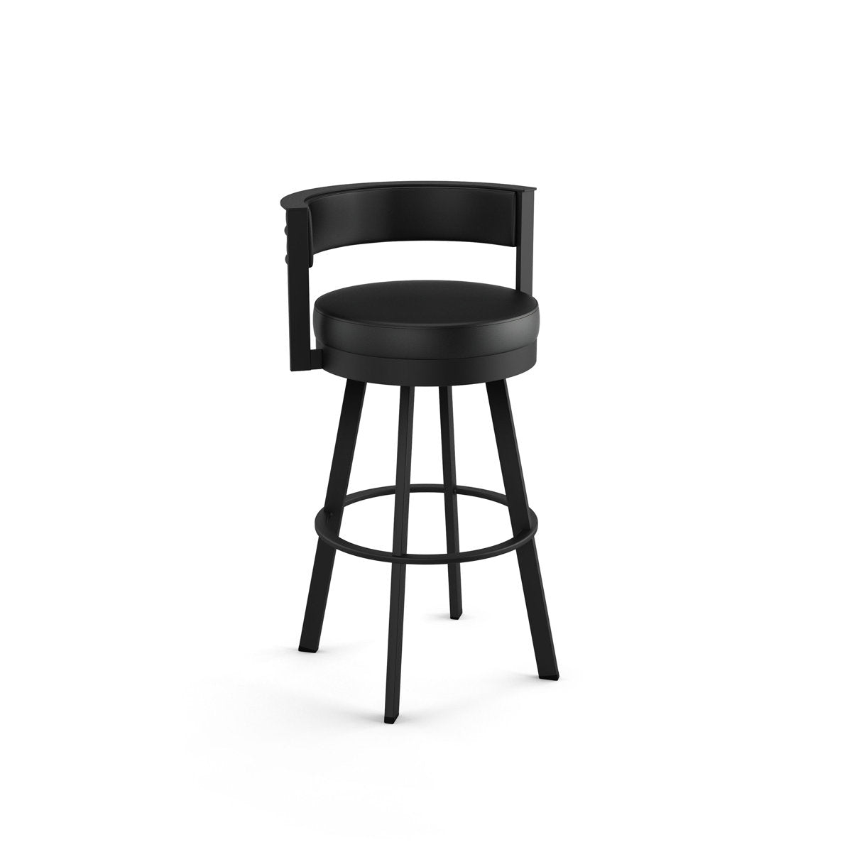 Swivel Bar Stool, 26 in Seat Height, Black Faux Leather with Black Steel Frame