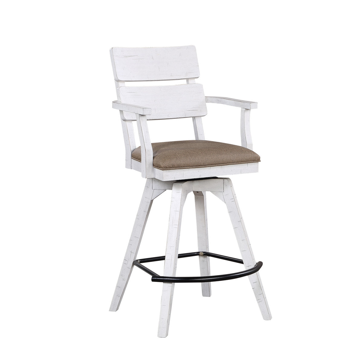 Swivel Bar Stool, 30 in Seat Height, Distressed White Solid Wood with Brown Seat