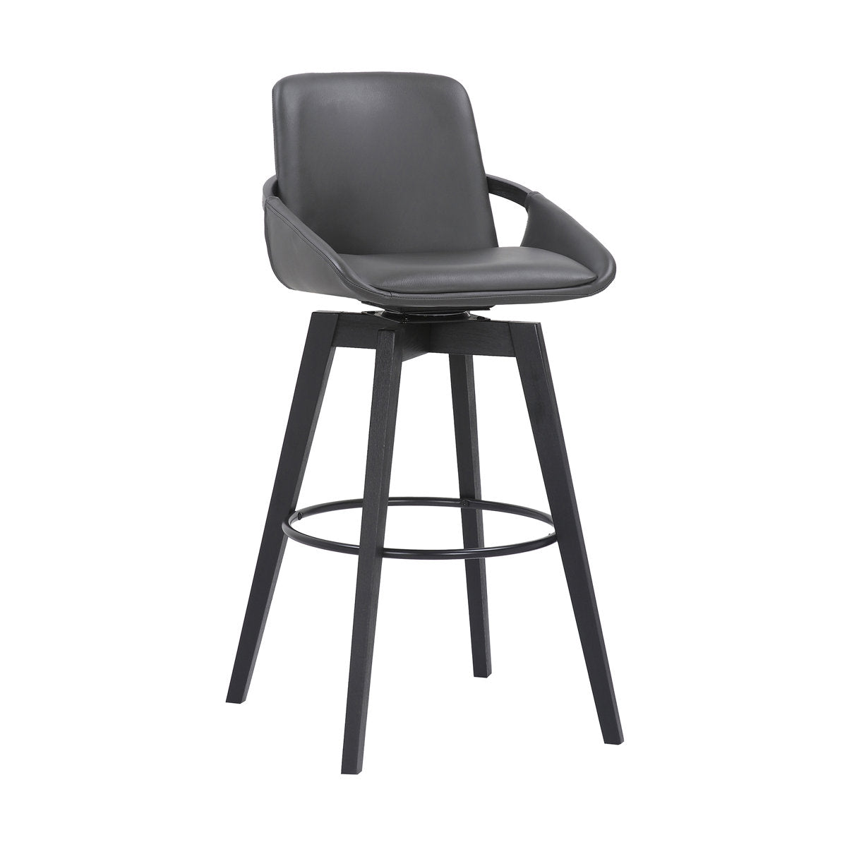 Swivel Bar Stool, 30 In Seat Height, Gray Faux Leather with Black Base